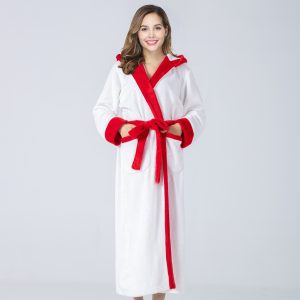 RONGTAI Womens Plush Fleece Hooded Bathrobe, Thick Nightgown Long Robe Sleepwear With Two Side Pockets And Belt