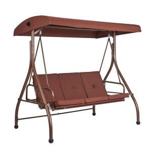3-Seat Patio Swing Chair, Converting Canopy Swing, Outdoor Patio Porch With Adjustable Canopy, Removable Thick Cushion And Alloy Steel Frame, For Balcony, Backyard, Poolside, Brown