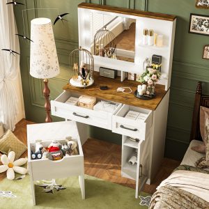 Farmhouse Makeup Vanity Desk With Mirror And Lights, 3 Lighting Modes, Vanity Set With Stool, Dressing Table With Adjustable Shelves,2 Drawers And Side Cabinet For Bedroom, White