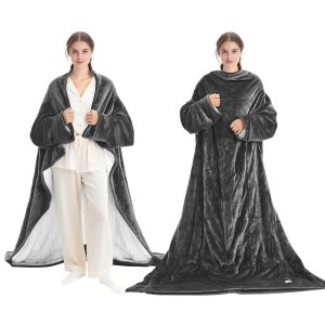 Wearable Electric Heated Throw Blanket With Foot Pocket & Sleeves, Portable Robe Snuggie Blankets For Women, 10 Heating Levels, 12H Auto Shut-Off, Machine Washable, 50 X 70 Inch, Grey