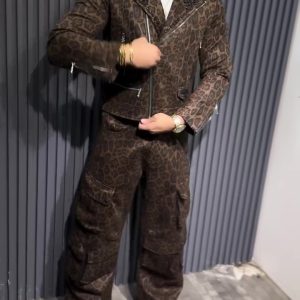 Brown Leopard Print Biker Jacket And Cargo Pants Two-Piece Set