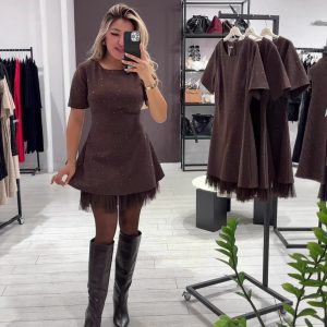 Women's Round Neck Short Sleeve Rhinestone Slimming Lace Trim Dress