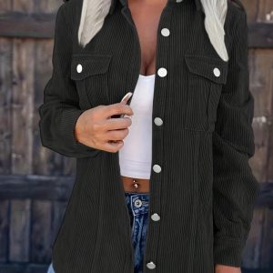 Women's Solid-color Corduroy Long Shirt With Flap Pockets