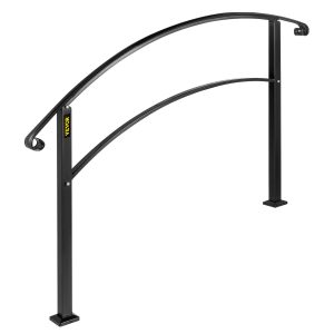 Handrails For Outdoor Steps, Fit 1 Or 5 Steps Outdoor Stair Railing, Black Wrought Iron Handrail, Flexible Front Porch Hand Rail, Transitional Handrails For Concrete Steps Or Wooden Stairs