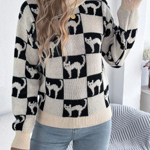 Women Halloween Plaid Lantern Sleeve Long Sleeve Pullover Sweater