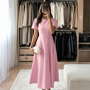 Womens Solid-Color Casual Elegant Short-Sleeve Maxi Dress