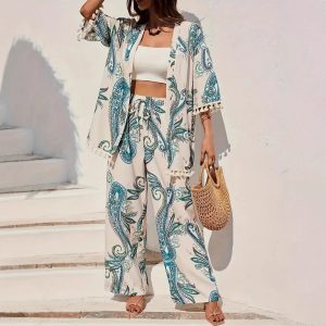 Women's Loose-fit Printed Outfit Cardigan With Fringed Hem And Wide-leg Pants Set