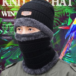 Winter Hat Men's Warm Ear Protection Fleece Knitted Hat Thickened Scarf Two-piece Set