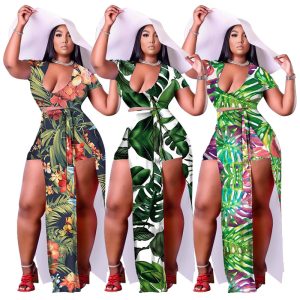 New Summer Digital-print Dress And Short-sleeve Two-piece Set