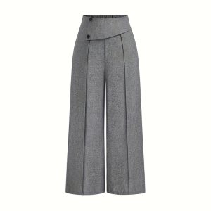 Women's Elegant High-Waisted Wide Leg Pants, Solid Color Button Detail Trousers For Office And Casual Wear
