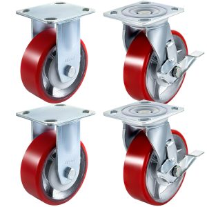 4 Pack 6 X 2 Inch Caster Wheels 2 Rigid And 2 Swivel Casters With Side Brake Polyurethane Iron Core Plate 1000LBS Capacity Per Wheel