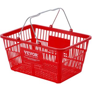 Shopping Basket, Set Of 12, 21L Durable Plastic Grocery Basket With Metal Handle And Stand, 16.73 X 12.01 X 8.58 Inch Portable Shop Basket Used For Retail Store Supermarket Grocery Shopping, Red