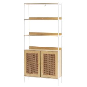 Rattan Bookshelf, Ladder Shelf With 2 Doors, Rectangle Freestanding Open Storage Bookcase Rack Organizer, Storage Display Shelves Ideal For Library, Meeting Room, Office, Study, Natural