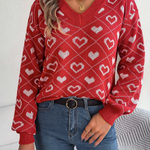 Women Sweet Color Block Heart Lantern Sleeve Pullover Sweater