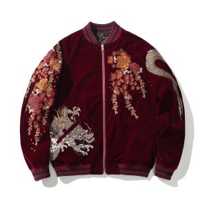 Embroidered Dragon Mens Casual Baseball Jacket With Two Dragons Playing With A Pearl Design