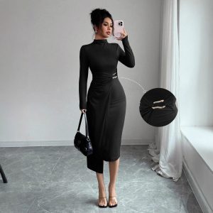 Small Stand-up Collar Knit Solid-color Dress With Metal Buttons