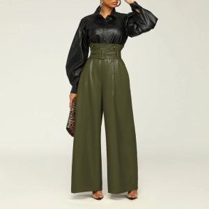 Women's Fashion High-Waisted PU Wide-Leg Pants, Solid Color Metal Belt Detail Trousers With Pockets