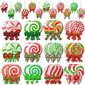 24PCS Christmas Candy Ornament With Ropes Colorful Candy Round Lollipop Wooden Pendant Xmas Hanging Decoration For Christmas Indoor Outdoor Home Yard Party Porch Decor
