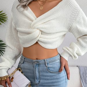Women Long Sleeve Tie-Front Cropped Knit Sweater