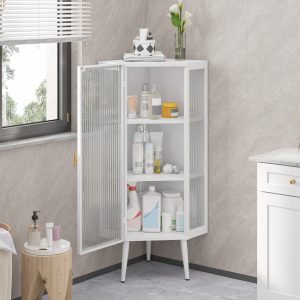 22.25'' Floor Coner Cabinet,Three Tiers With Tempered Glass Doors And Storage Shelves For Bathroom, Living Room And Bedroom White