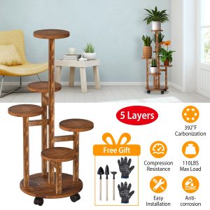 5 Tier Plant Stand With 4 Detachable Wheels Wooden Plant Pot Rolling Shelf Plant Display Rack For Indoor Outdoor Decoration