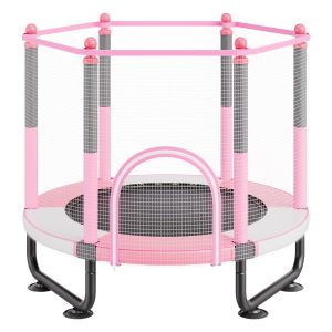 60" Kids Trampoline, 5FT Indoor Outdoor Trampoline, Mini Toddler Recreational Trampolinewith Safety Enclosure Net And Basketball Hoop, Birthday Gifts Christmas Toys For 3+ Years Children, Pink