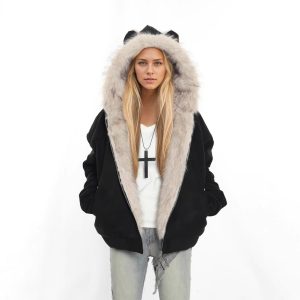 Winter Coat With A Fur Collar Made From Faux Suede For Warmth