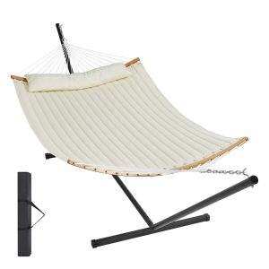 Two Person Hammock With Stand Included, Double Hammock With Curved Spreader Bar And Detachable Pillow And Portable Carrying Bag, Perfect For Outdoor Freestanding Hammock, 480lb Capacity