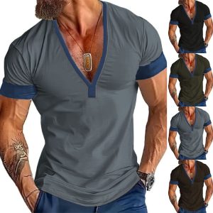 Short Sleeve Casual Men's V-Neck Large Size Striped T-Shirt Top