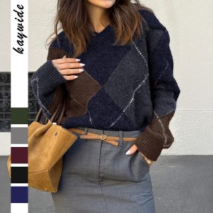 Fashionable Colorblock Long-Sleeve Knitted Sweater For Women