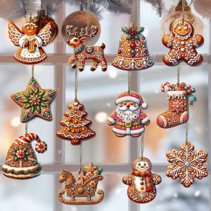 Wooden Christmas Ornament Set With Gingerbread And Santa Claus Patterns