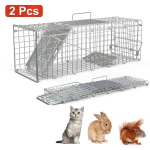 2Pcs 24X7.48X8.27IN Folding Humane Live Animal Trap Cages Easy To Catch And Release Foldable Cat Trap Galvanized Steel For Small Cats Squirrels Rabbits Hedgehog Chipmunk