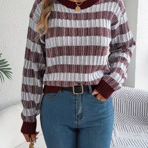 Women Round Neck Retro Stripe Lantern Sleeve Long Sleeve Pullover Sweater