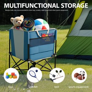 Rolling Ball Storage Cart With Wheels, Collapsible Garage Sports Equipment Organizer For Volleyball Basketball Tennis Toy Storage Multi-Sport Family Gym, Blue Gray