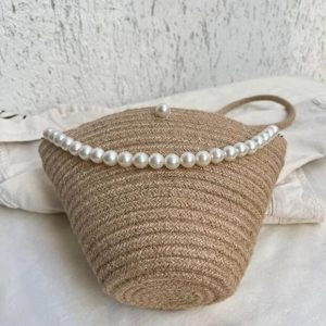 Women Jute Fabric Pearl Design Classic Shoulder Bag Elegant Daily Handbag