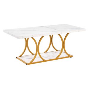Coffee Table, Modern Faux Marble Coffee Table, Large 2-Tier Rectangle Center Desk With Geometric Legs, Minimalist Sturdy Metal Frame Accent End Desk For Living Room, Office, Easy Assembly, White