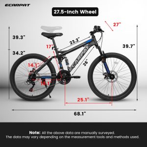 A2760  27.5 Inch Full Suspension Mountain Bike, Front And Rear Dual Shock Absorbers, Mechanical Disc Brakes, 21-Speed, Suitable For Men And Women, Ideal For Travel And Fitness Enthusiasts