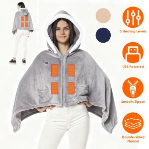 Wearable Heated Throw Blanket Double-Sided Flannel Portable Electric Heating Hoodie For Women Men Machine Washable 3 Heating Levels Battery Operated