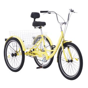 Adult Tricycles Bike, 20 Inch Three-Wheeled Bicycles, 3 Wheel Bikes Trikes, Carbon Steel Cruiser Bike With Basket & Adjustable Seat, Picnic Shopping Tricycles For Seniors, Women, Men (Yellow)