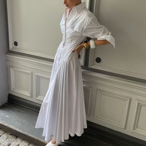Turn-down Collar Long-sleeve Pleated Single-breasted Shirt Dress