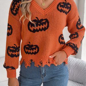 Women Color Block Pumpkin Distressed Long Sleeve Pullover Sweater