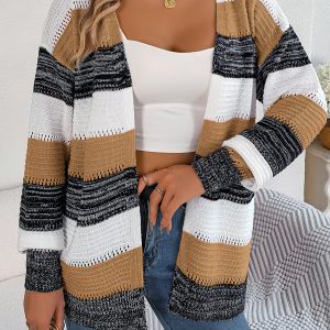 Women Casual Color Block Stripe Lantern Sleeve Cardigan Sweater Coat