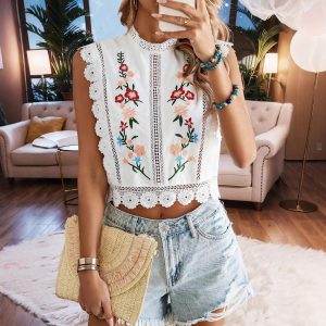 Women's Lace Embroidered Round-neck Sleeveless Hollow-out T-shirt