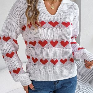 Women Casual V-Neck Lantern Sleeve Color Block Heart Pullover Sweater