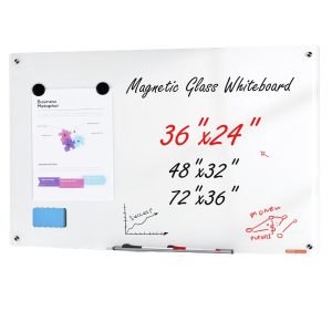 Magnetic Glass Whiteboard, Dry Erase Board 900 X 600 Mm, Wall-Mounted Large White Glassboard Frameless, With Marker Tray, An Eraser And 2 Markers, White