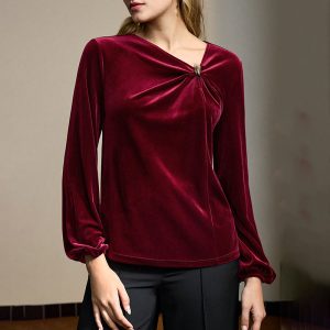 Women's Velvet Twist Knot Blouse, Asymmetric V-Neck Trendy Top