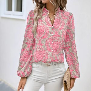 Full Print Lantern Sleeve Ruffled Trim Shirt