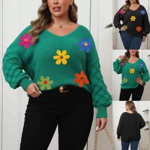 Plus-size Women's Sweater Pineapple Sleeve Patch Base Shirt 3D Wool Embroidery Flowers