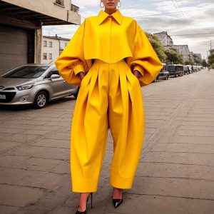 Women's Casual Work 2 Piece Set Bell Long Sleeve Shirt Harem Pant Outfits