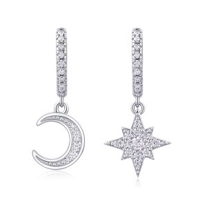 Star And Moon In Harmony - Earrings Set With Top-quality Moissanite S925, Silver And Platinum-plated Stud Earrings, A Fashionable And Trendy Accessory That Can Be Tested With A Diamond Pen.